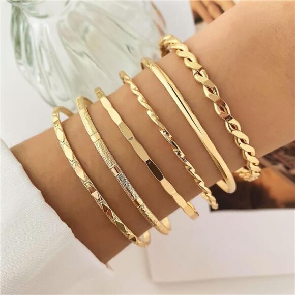 Womens Gold Bangle Bracelet Set 14k Plated Multi Layer Stackable Cuff Jewelry - Picture 3 of 8